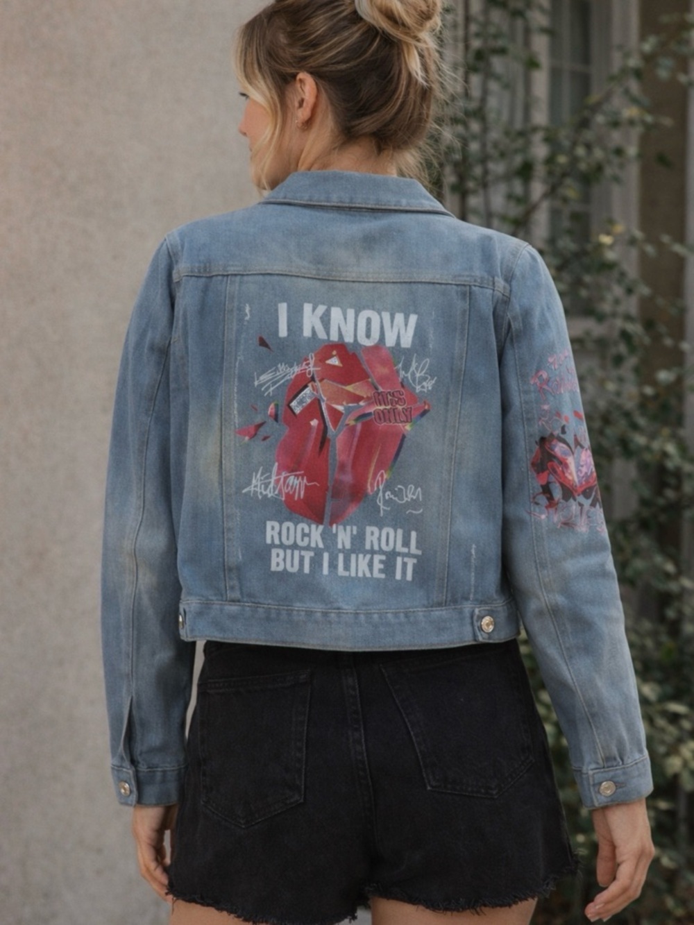 Rolling Stones Graphic Print Cropped Denim Jacket Boutique